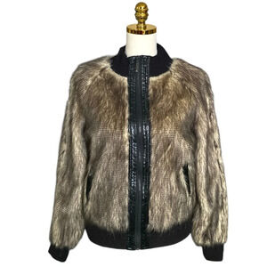 VERTIGO Paris Faux Fur Leather Trim Bomber Zip Up Jacket Size L